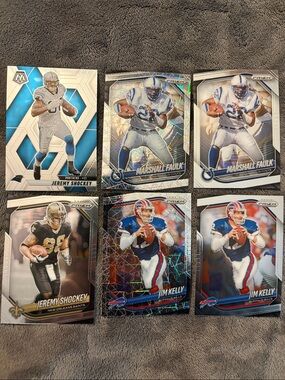 Panini Prizm Marshall Faulk, Jim Kelly and Jeremy Shockey football cards